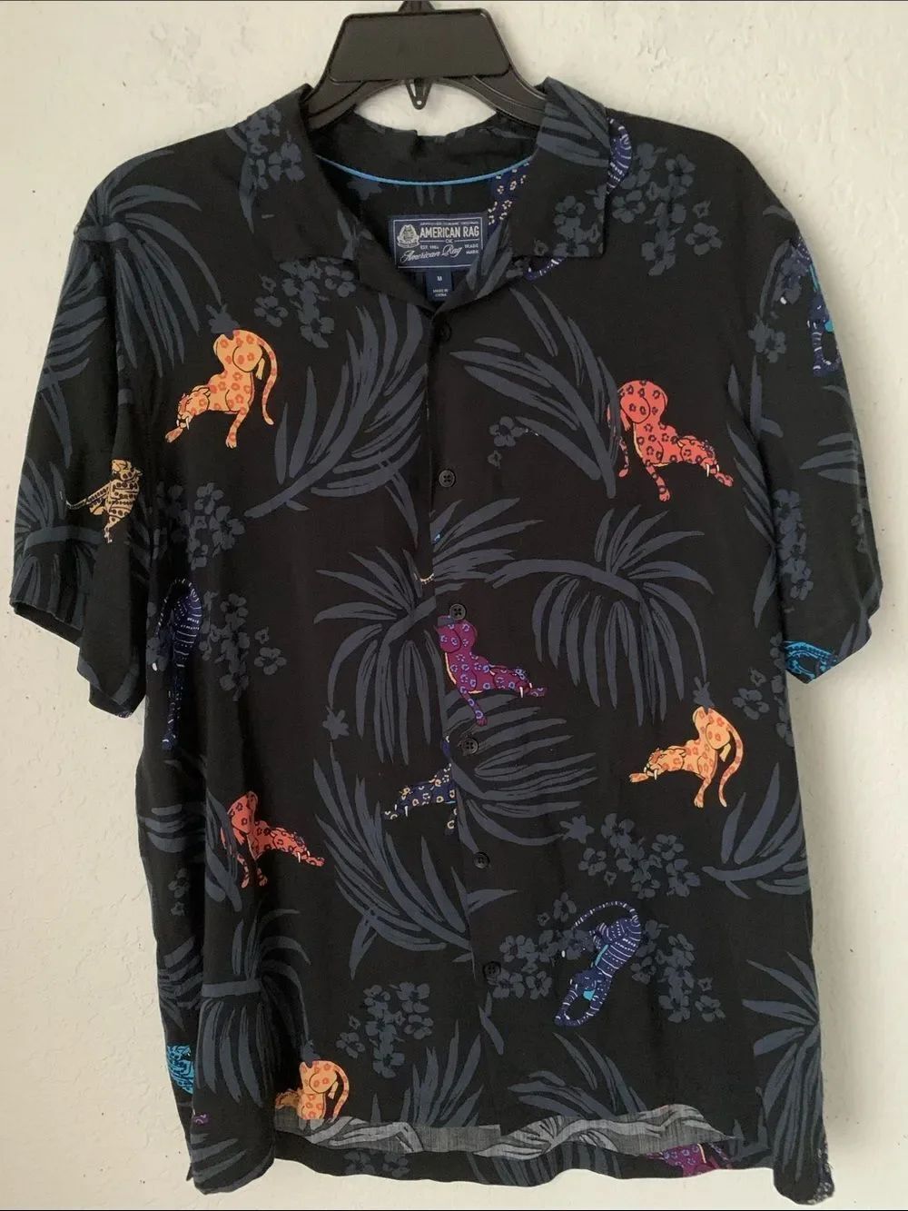 American Rag Mens Black Short-Sleeve Button-Up Rayon Shirt Leopard Print Size M